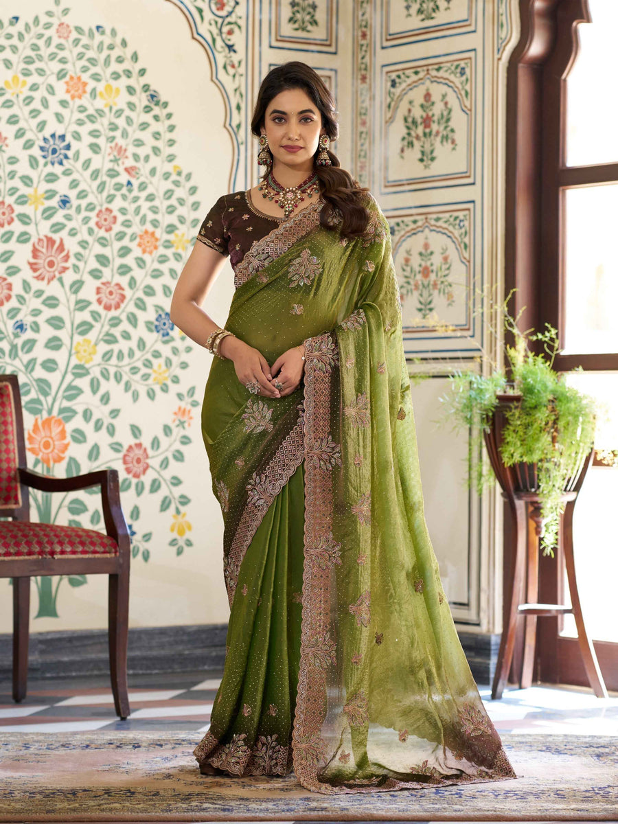 Olive Green Fendy Satin Embroidered Saree with Floral & Paisley Motifs | Designer Zari Border Saree with Tassels & Heavy Embroidered Blouse