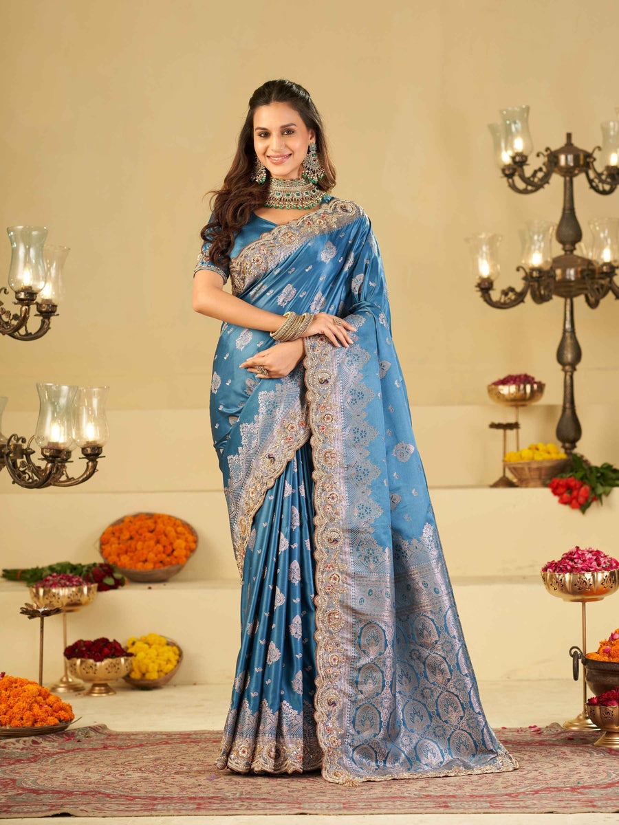 Royal Blue Banarasi Silk Saree with Heavy Embroidered Scallop Border & Rich Zari Woven Pallu | Designer Wedding Festive Saree