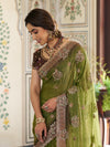 Olive Green Fendy Satin Embroidered Saree with Floral & Paisley Motifs | Designer Zari Border Saree with Tassels & Heavy Embroidered Blouse