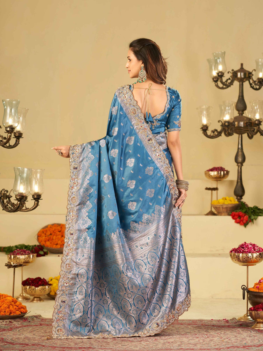 Royal Blue Banarasi Silk Saree with Heavy Embroidered Scallop Border & Rich Zari Woven Pallu | Designer Wedding Festive Saree
