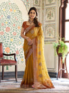 Dual Tone Mustard Yellow & Rust Fendy Satin Embroidered Saree with Floral Motifs & Zari Border | Designer Festive Saree with Tassels & Heavy Embroidered Blouse