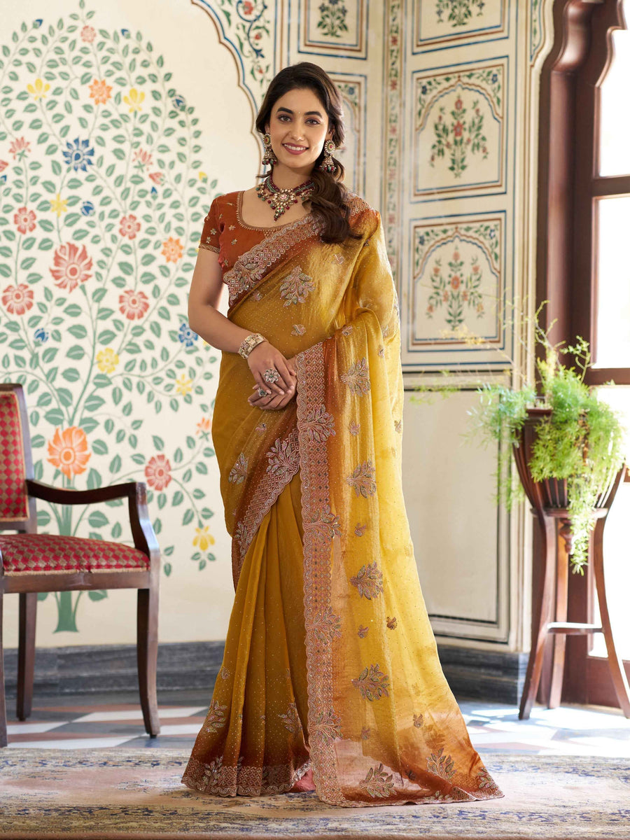 Dual Tone Mustard Yellow & Rust Fendy Satin Embroidered Saree with Floral Motifs & Zari Border | Designer Festive Saree with Tassels & Heavy Embroidered Blouse