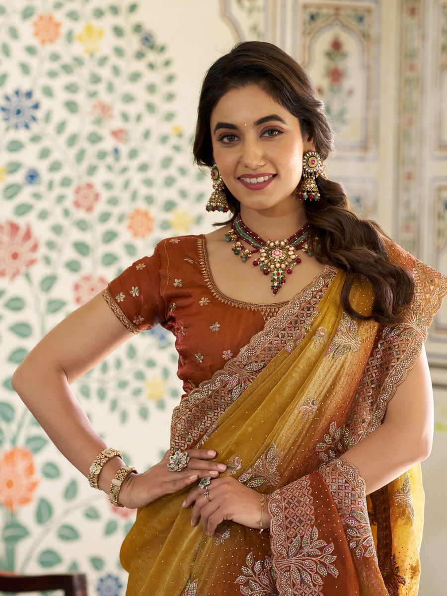 Dual Tone Mustard Yellow & Rust Fendy Satin Embroidered Saree with Floral Motifs & Zari Border | Designer Festive Saree with Tassels & Heavy Embroidered Blouse