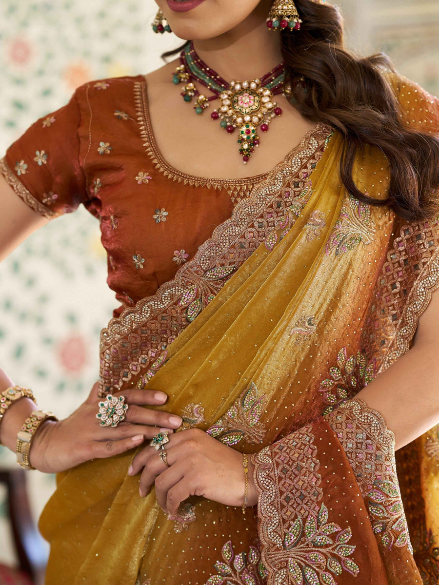 Dual Tone Mustard Yellow & Rust Fendy Satin Embroidered Saree with Floral Motifs & Zari Border | Designer Festive Saree with Tassels & Heavy Embroidered Blouse