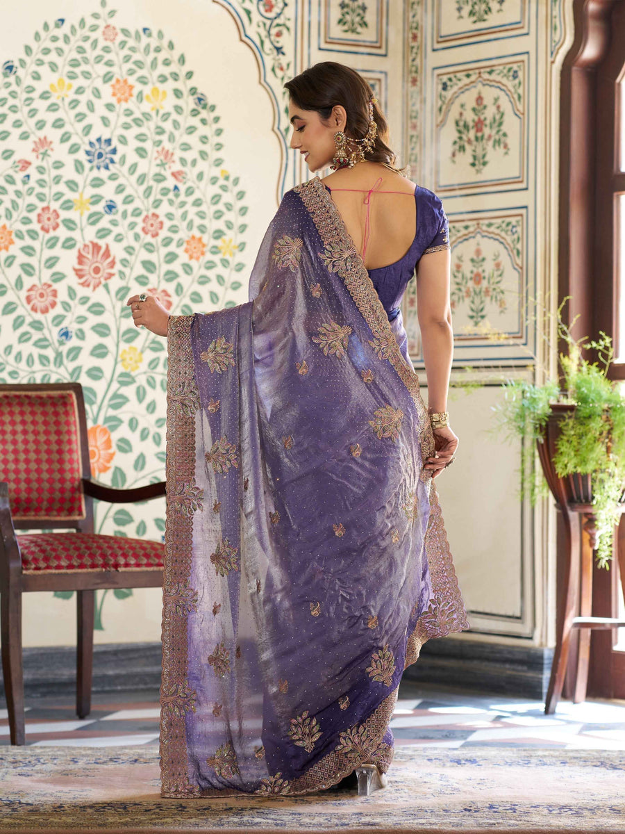 Royal Purple Fendy Satin Embroidered Saree with Floral Motifs & Zari Border | Designer Party Wear Saree with Tassels & Heavy Embroidered Blouse