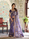 Royal Purple Fendy Satin Embroidered Saree with Floral Motifs & Zari Border | Designer Party Wear Saree with Tassels & Heavy Embroidered Blouse
