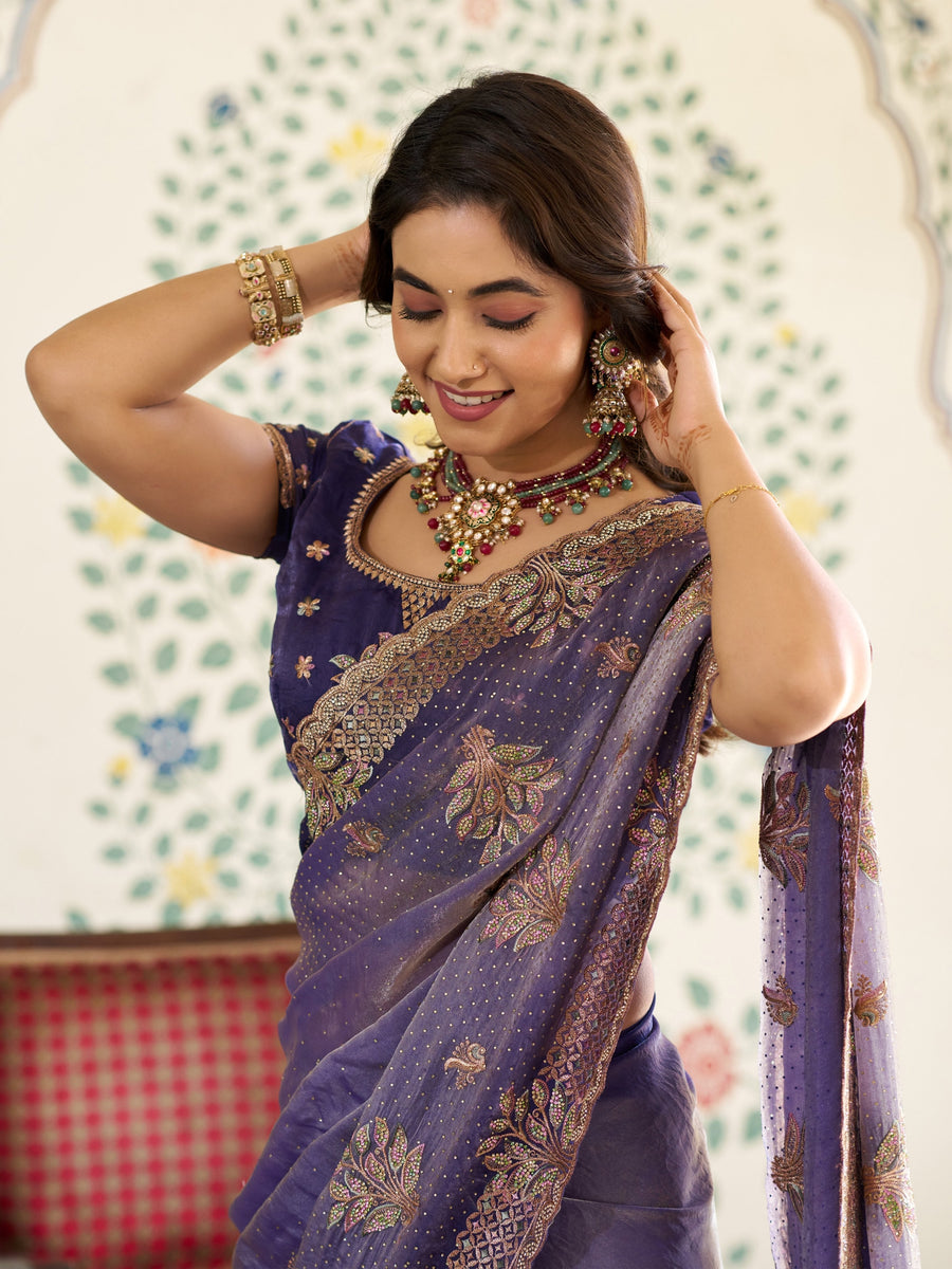 Royal Purple Fendy Satin Embroidered Saree with Floral Motifs & Zari Border | Designer Party Wear Saree with Tassels & Heavy Embroidered Blouse
