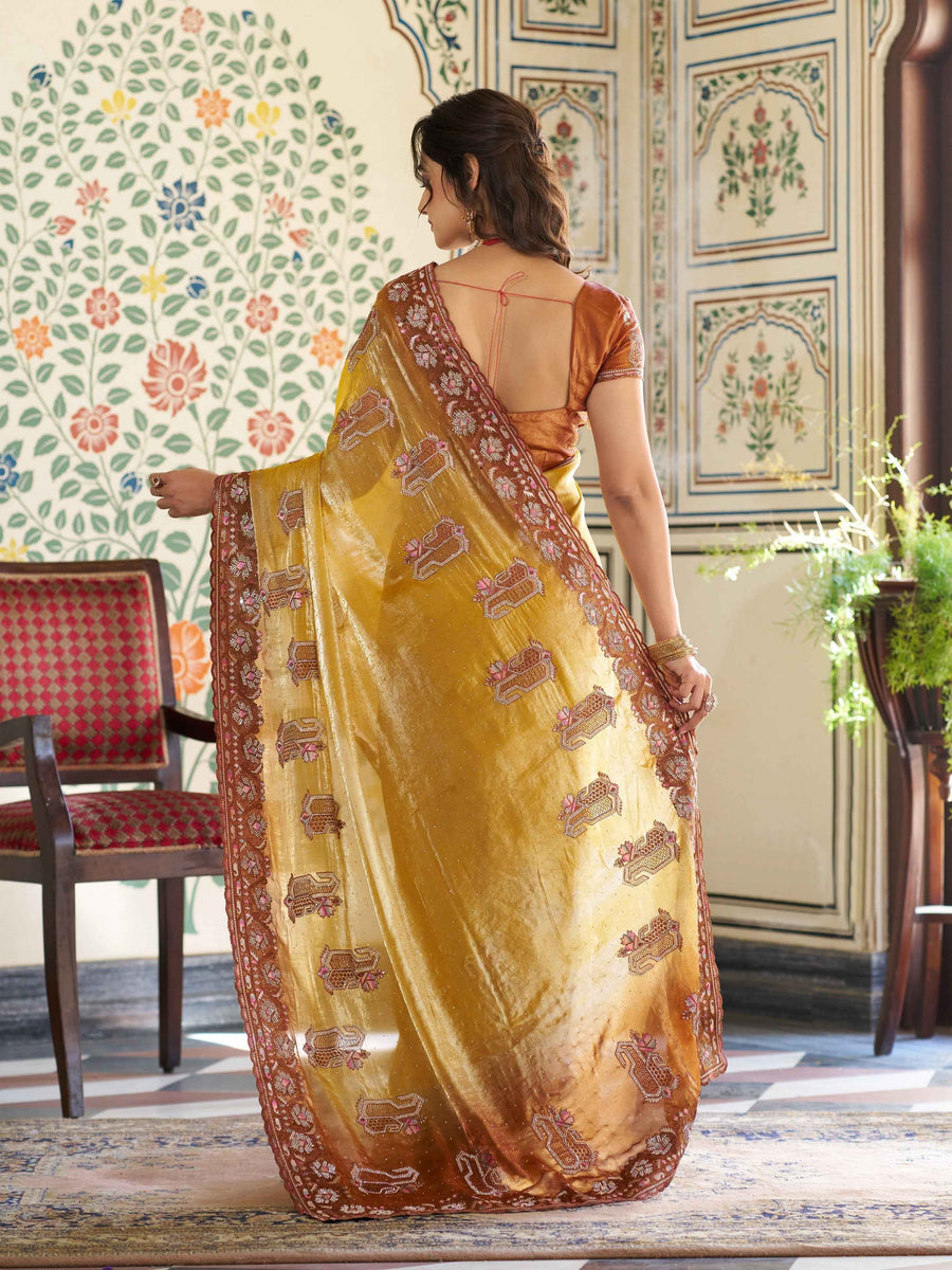 Mustard Yellow Fendy Satin Embroidered Saree with Ethnic Elephant Motifs & Contrast Zari Border | Designer Saree with Tassels & Heavy Embroidered Blouse
