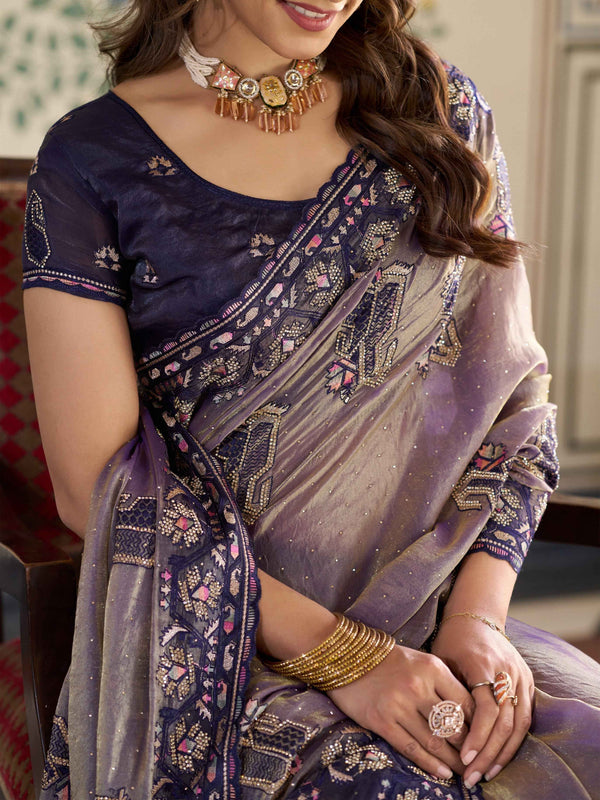 Lavender Purple Fendy Satin Embroidered Saree with Ethnic Elephant Motifs & Designer Zari Border | Festive Saree with Tassels & Heavy Embroidered Blouse