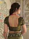 Olive Green Fendy Satin Embroidered Saree with Geometric & Floral Motifs | Designer Zari Border Saree with Tassels & Heavy Embroidered Blouse