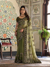 Olive Green Fendy Satin Embroidered Saree with Geometric & Floral Motifs | Designer Zari Border Saree with Tassels & Heavy Embroidered Blouse