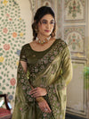 Olive Green Fendy Satin Embroidered Saree with Geometric & Floral Motifs | Designer Zari Border Saree with Tassels & Heavy Embroidered Blouse