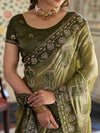 Olive Green Fendy Satin Embroidered Saree with Geometric & Floral Motifs | Designer Zari Border Saree with Tassels & Heavy Embroidered Blouse