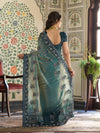 Teal Blue Fendy Satin Embroidered Saree with Ethnic Elephant Motifs & Zari Border | Designer Saree with Tassels & Heavy Embroidered Blouse