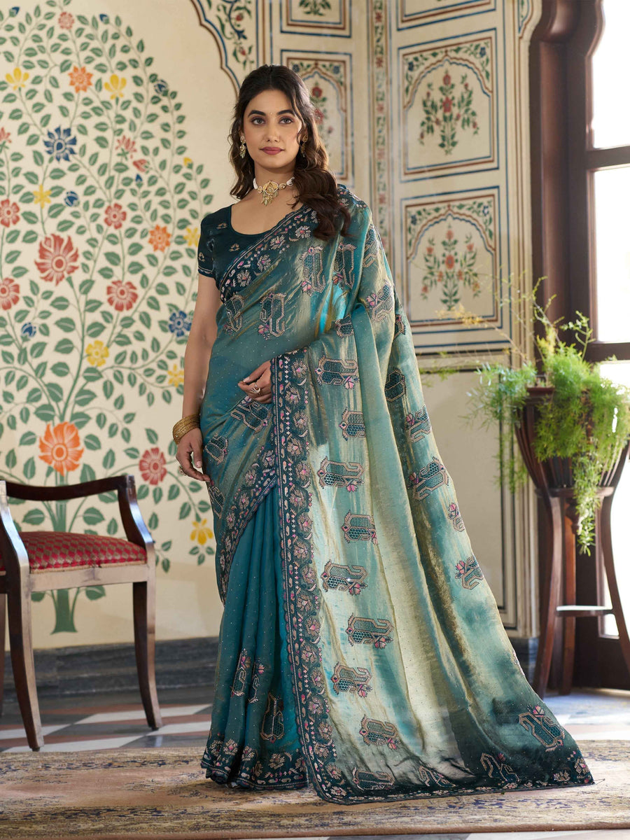 Teal Blue Fendy Satin Embroidered Saree with Ethnic Elephant Motifs & Zari Border | Designer Saree with Tassels & Heavy Embroidered Blouse