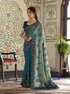 Teal Blue Fendy Satin Embroidered Saree with Ethnic Elephant Motifs & Zari Border | Designer Saree with Tassels & Heavy Embroidered Blouse