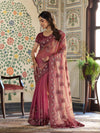 Wine Pink Fendy Satin Embroidered Saree with Ethnic Motifs & Zari Border | Designer Saree with Tassels & Heavy Embroidered Blouse