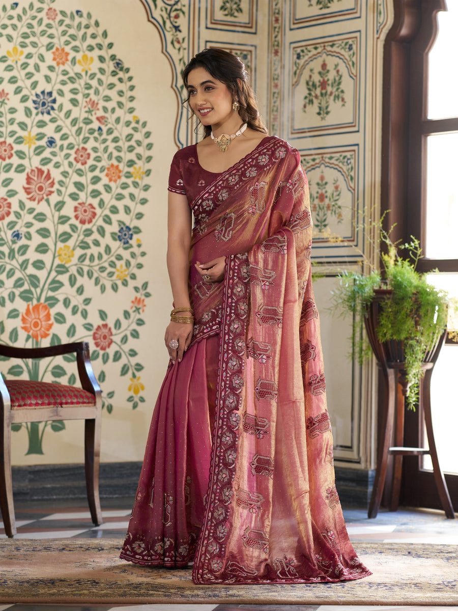 Wine Pink Fendy Satin Embroidered Saree with Ethnic Motifs & Zari Border | Designer Saree with Tassels & Heavy Embroidered Blouse