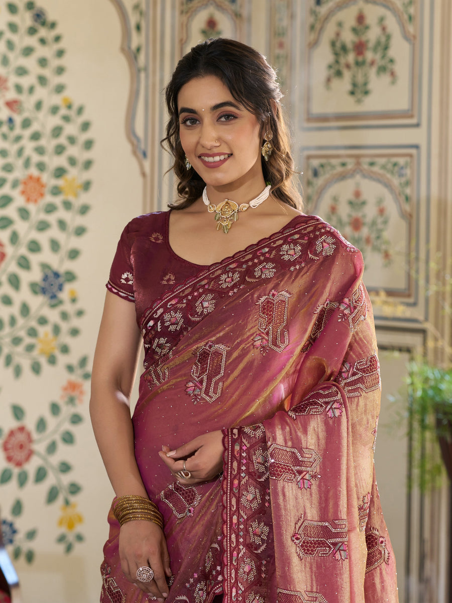Wine Pink Fendy Satin Embroidered Saree with Ethnic Motifs & Zari Border | Designer Saree with Tassels & Heavy Embroidered Blouse