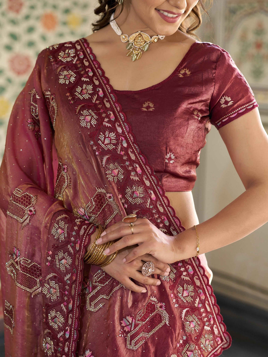 Wine Pink Fendy Satin Embroidered Saree with Ethnic Motifs & Zari Border | Designer Saree with Tassels & Heavy Embroidered Blouse
