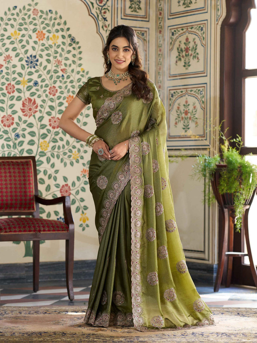 Olive Green Fendy Satin Embroidered Saree with Circular Motifs & Heavy Zari Border | Designer Saree with Tassels & Embroidered Blouse