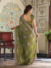 Olive Green Fendy Satin Embroidered Saree with Circular Motifs & Heavy Zari Border | Designer Saree with Tassels & Embroidered Blouse