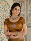 Antique Mustard Gold Fendy Satin Designer Saree with Zari Circular Motifs & Heavy Embroidered Border | Festive Wedding Wear Saree with Blouse