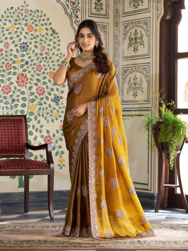 Antique Mustard Gold Fendy Satin Designer Saree with Zari Circular Motifs & Heavy Embroidered Border | Festive Wedding Wear Saree with Blouse