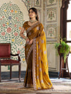 Antique Mustard Gold Fendy Satin Designer Saree with Zari Circular Motifs & Heavy Embroidered Border | Festive Wedding Wear Saree with Blouse