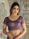 Dusty Mauve Fendy Satin Designer Saree with Zari Circular Motifs & Rich Embroidered Border | Party Wear Saree with Blouse