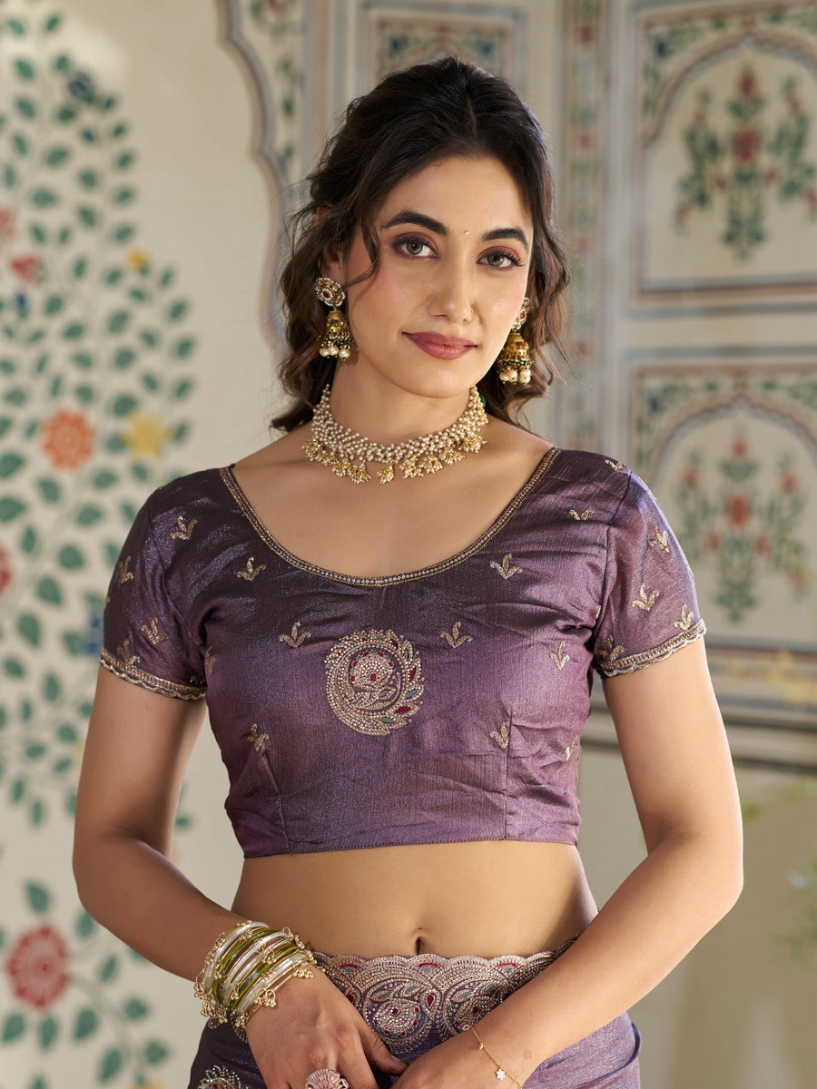 Dusty Mauve Fendy Satin Designer Saree with Zari Circular Motifs & Rich Embroidered Border | Party Wear Saree with Blouse