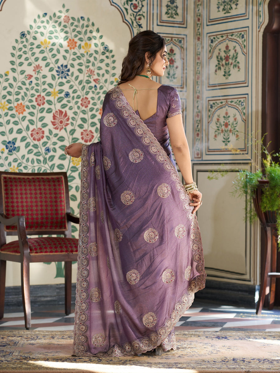 Dusty Mauve Fendy Satin Designer Saree with Zari Circular Motifs & Rich Embroidered Border | Party Wear Saree with Blouse