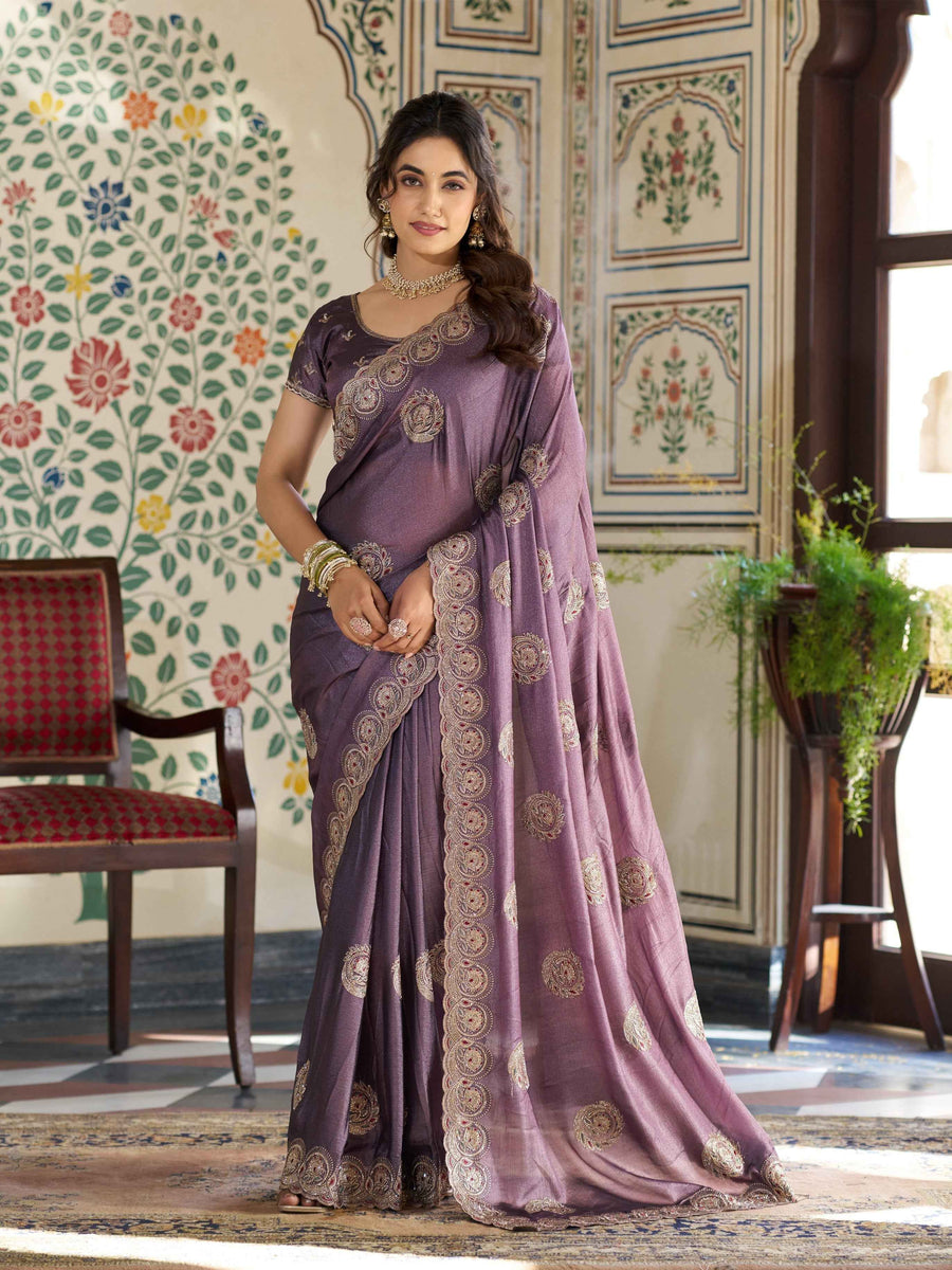 Dusty Mauve Fendy Satin Designer Saree with Zari Circular Motifs & Rich Embroidered Border | Party Wear Saree with Blouse
