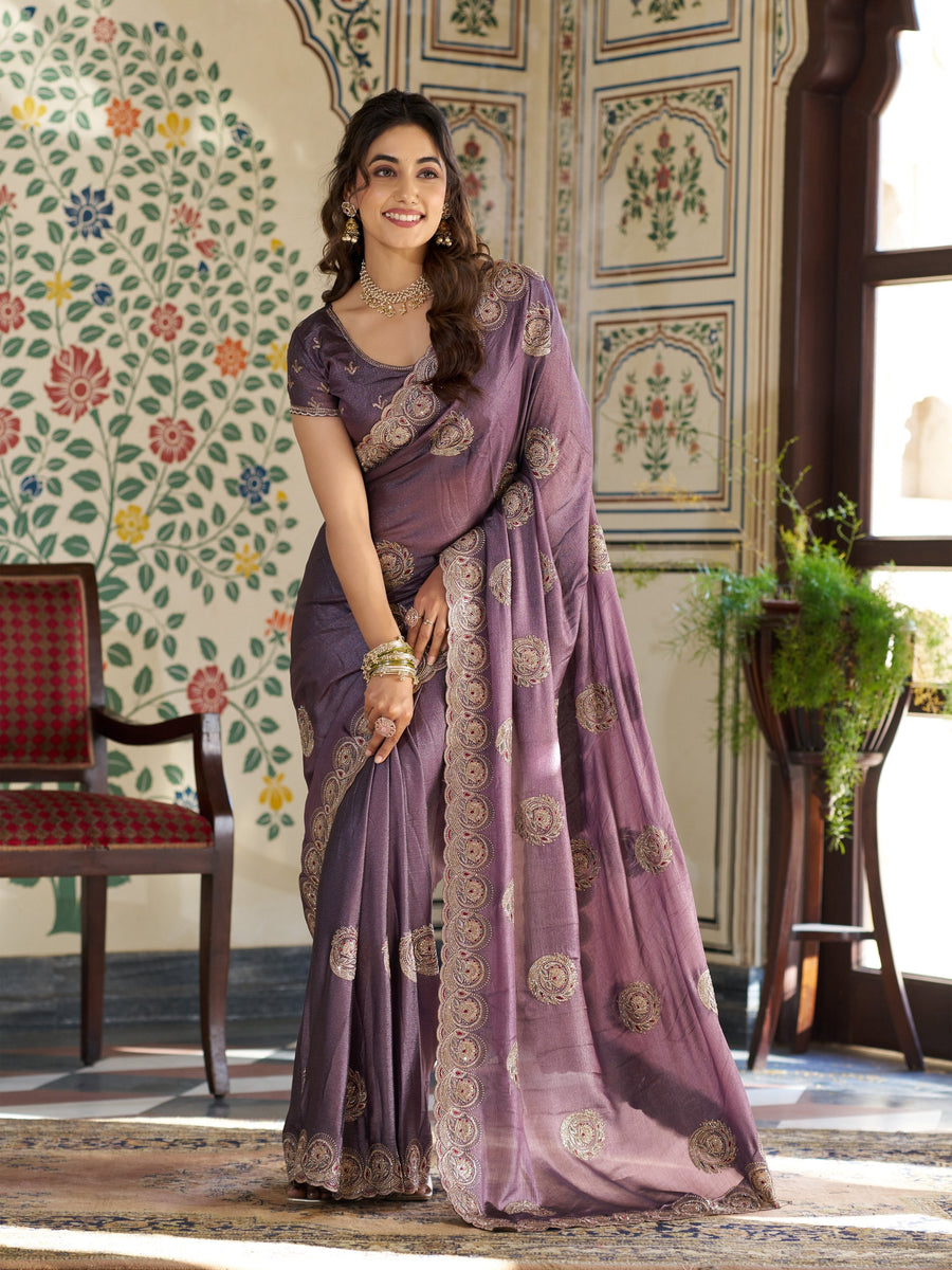 Dusty Mauve Fendy Satin Designer Saree with Zari Circular Motifs & Rich Embroidered Border | Party Wear Saree with Blouse