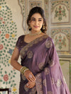 Dusty Mauve Fendy Satin Designer Saree with Zari Circular Motifs & Rich Embroidered Border | Party Wear Saree with Blouse