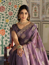 Dusty Mauve Fendy Satin Designer Saree with Zari Circular Motifs & Rich Embroidered Border | Party Wear Saree with Blouse