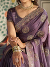 Dusty Mauve Fendy Satin Designer Saree with Zari Circular Motifs & Rich Embroidered Border | Party Wear Saree with Blouse