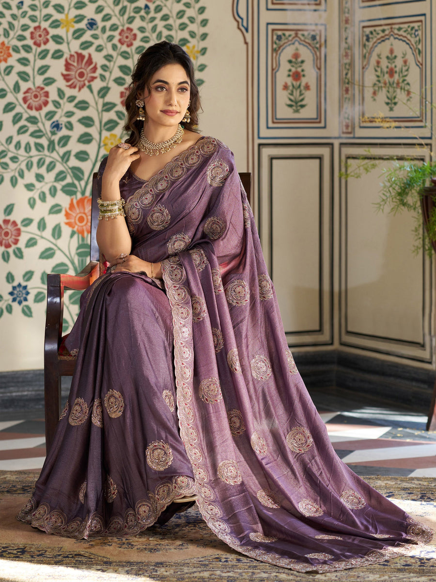 Dusty Mauve Fendy Satin Designer Saree with Zari Circular Motifs & Rich Embroidered Border | Party Wear Saree with Blouse