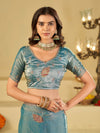 Sky Blue Designer Fendy Satin Saree with Embroidered Leaf Motifs & Heavy Lace Border | Festive Party Wear Saree with Matching Blouse