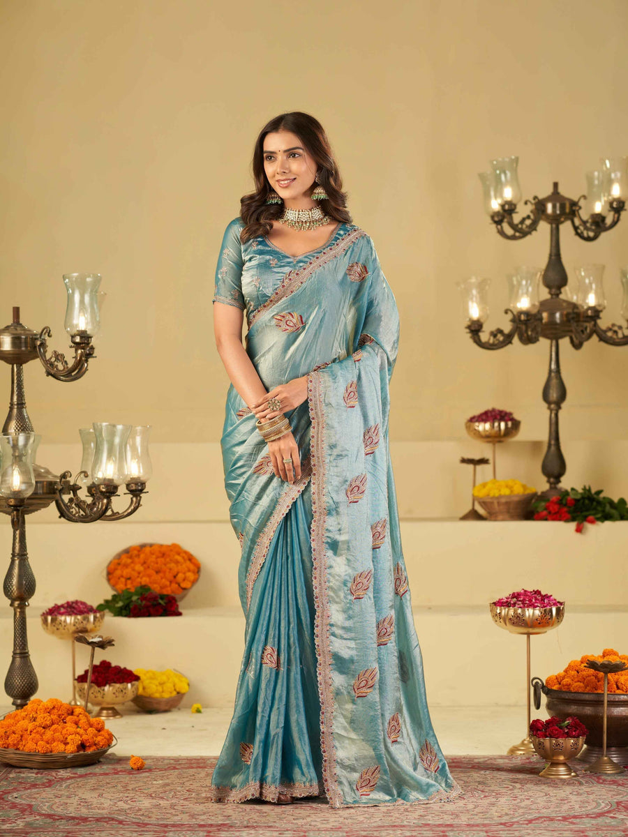 Sky Blue Designer Fendy Satin Saree with Embroidered Leaf Motifs & Heavy Lace Border | Festive Party Wear Saree with Matching Blouse