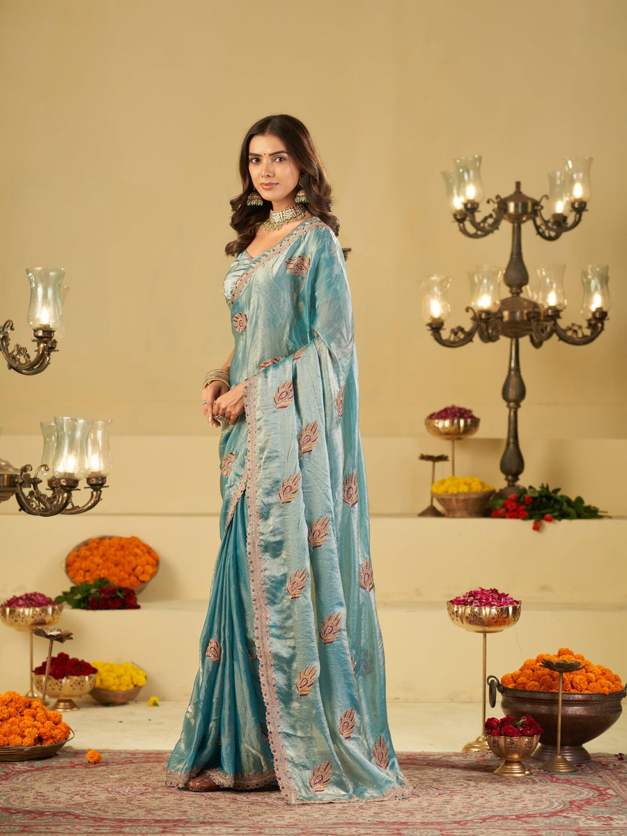 Sky Blue Designer Fendy Satin Saree with Embroidered Leaf Motifs & Heavy Lace Border | Festive Party Wear Saree with Matching Blouse