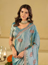Sky Blue Designer Fendy Satin Saree with Embroidered Leaf Motifs & Heavy Lace Border | Festive Party Wear Saree with Matching Blouse
