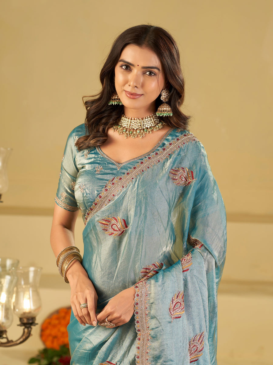 Sky Blue Designer Fendy Satin Saree with Embroidered Leaf Motifs & Heavy Lace Border | Festive Party Wear Saree with Matching Blouse