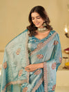 Sky Blue Designer Fendy Satin Saree with Embroidered Leaf Motifs & Heavy Lace Border | Festive Party Wear Saree with Matching Blouse