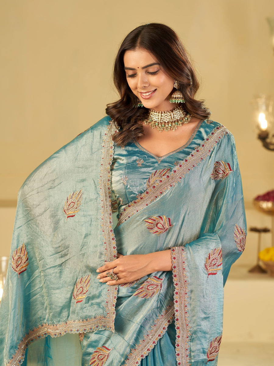 Sky Blue Designer Fendy Satin Saree with Embroidered Leaf Motifs & Heavy Lace Border | Festive Party Wear Saree with Matching Blouse
