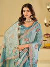 Sky Blue Designer Fendy Satin Saree with Embroidered Leaf Motifs & Heavy Lace Border | Festive Party Wear Saree with Matching Blouse
