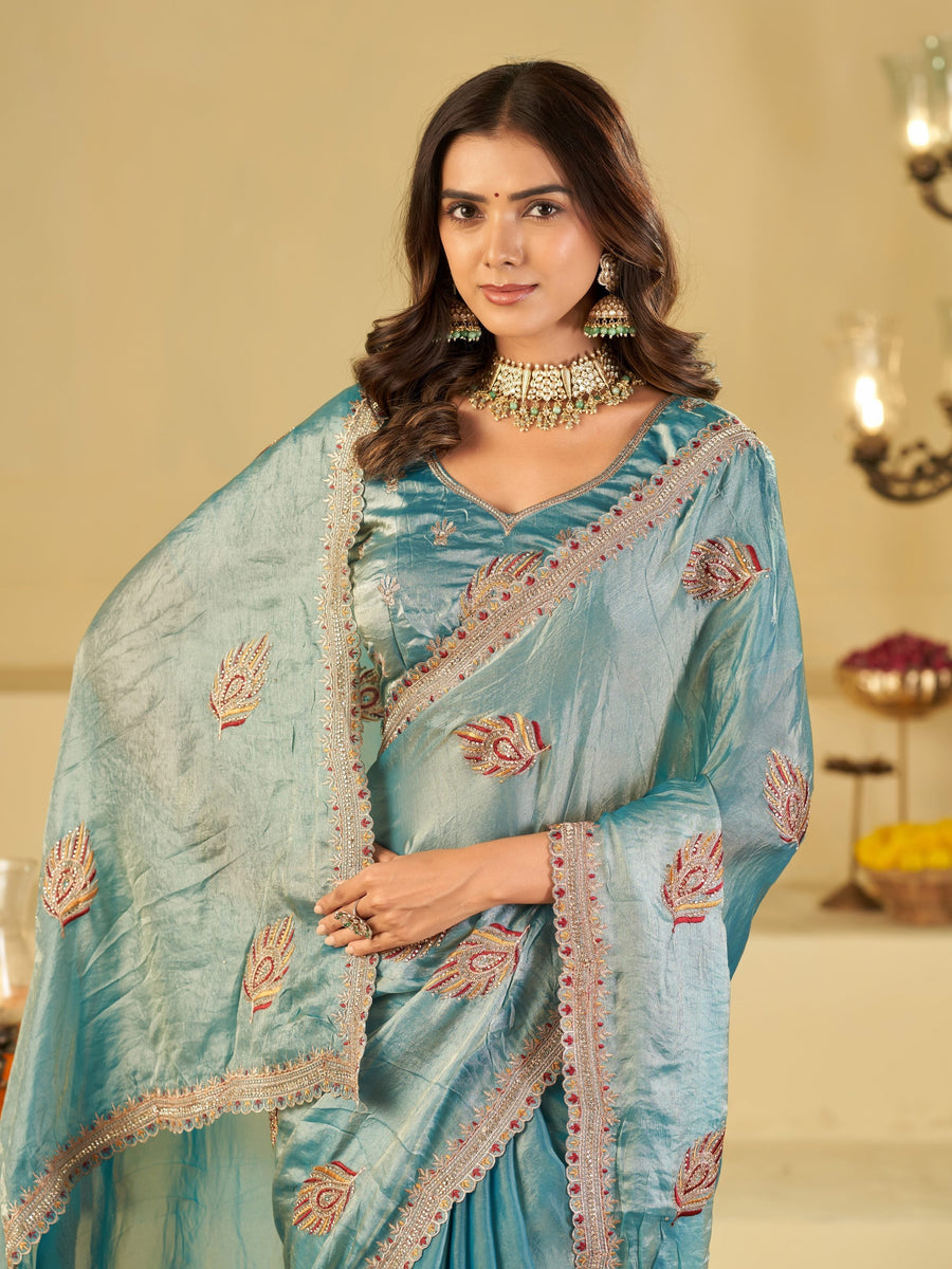 Sky Blue Designer Fendy Satin Saree with Embroidered Leaf Motifs & Heavy Lace Border | Festive Party Wear Saree with Matching Blouse