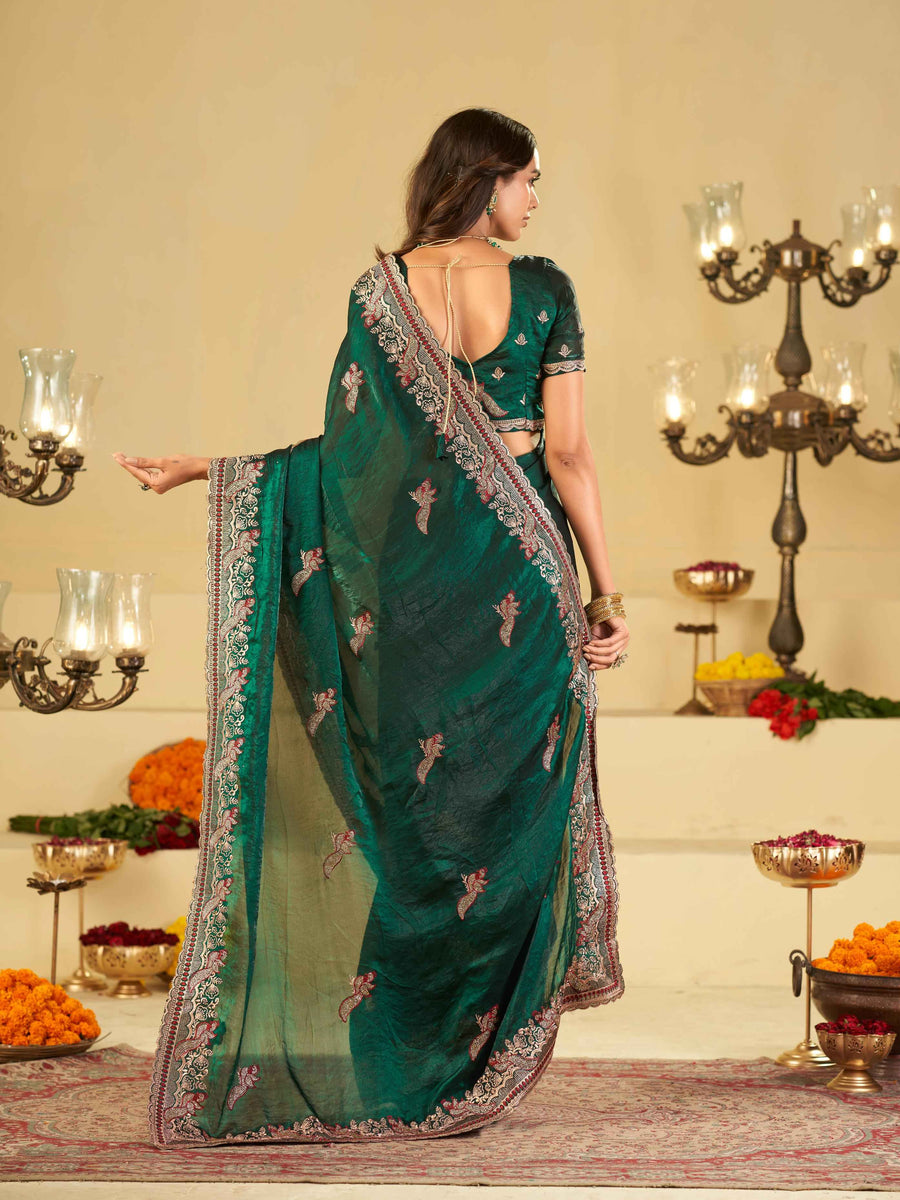 Emerald Green Designer Fendy Satin Saree with Heavy Embroidered Border | Premium Festive Party Wear Saree with Intricate Embroidery & Matching Blouse