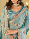 Sky Blue Designer Fendy Satin Saree with Embroidered Leaf Motifs & Heavy Lace Border | Festive Party Wear Saree with Matching Blouse