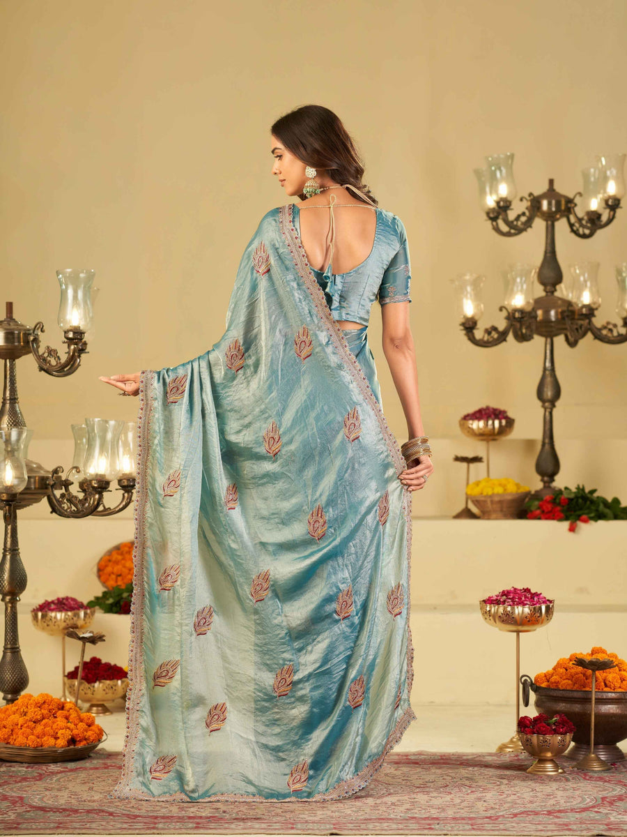 Sky Blue Designer Fendy Satin Saree with Embroidered Leaf Motifs & Heavy Lace Border | Festive Party Wear Saree with Matching Blouse